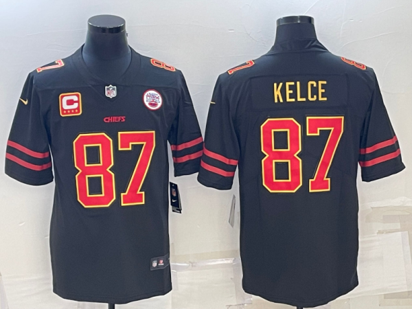 Men Kansas City Chiefs #87 Travis Kelce Black Red Gold 4-star C Patch Vapor Untouchable Limited Stitched Jersey