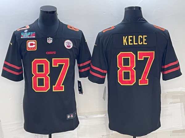 Men Kansas City Chiefs #87 Travis Kelce Black Red Gold Super Bowl LVII Patch And 4-star C Patch Vapor Untouchable Limited Stitched Jersey