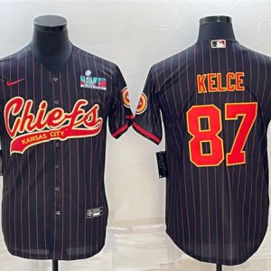 Men Kansas City Chiefs #87 Travis Kelce Black With Super Bowl LVII Patch Cool Base Stitched Baseball Jersey