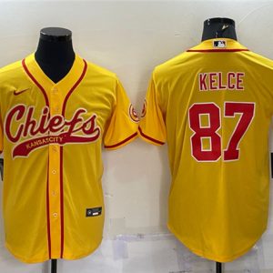 Men Kansas City Chiefs #87 Travis Kelce Gold With Patch Cool Base Stitched Baseball Jersey