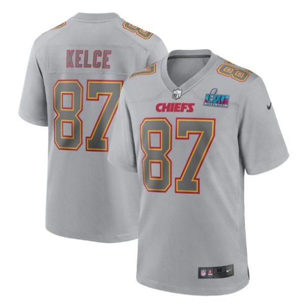 Men Kansas City Chiefs #87 Travis Kelce Gray Super Bowl LVII Patch Atmosphere Fashion Stitched Game Jersey