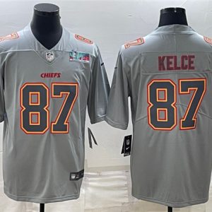 Men Kansas City Chiefs #87 Travis Kelce Gray Super Bowl LVII Patch Atmosphere Fashion Stitched Jersey