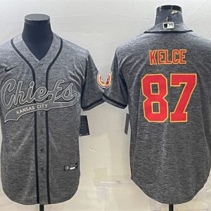 Men Kansas City Chiefs #87 Travis Kelce Gray With Patch Cool Base Stitched Baseball Jersey