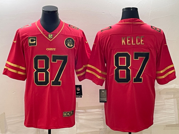 Men Kansas City Chiefs #87 Travis Kelce Red Gold 4-star C Patch Vapor Untouchable Limited Stitched Jersey