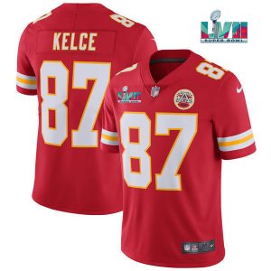 Men Kansas City Chiefs #87 Travis Kelce Red Super Bowl LVII Patch Vapor Untouchable Limited Stitched Jersey