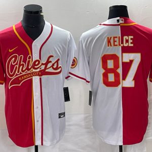 Men Kansas City Chiefs #87 Travis Kelce Red White Split Cool Base Stitched Baseball Jersey