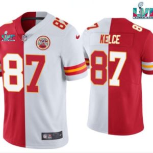 Men Kansas City Chiefs #87 Travis Kelce Red & White Split Super Bowl LVII Patch Limited Stitched Jersey