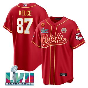 Men Kansas City Chiefs #87 Travis Kelce Red With 4-star C Patch And Super Bowl LVII Patch Cool Bae Stitched Jersey