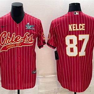 Men Kansas City Chiefs #87 Travis Kelce Red With Super Bowl LVII Patch Cool Base Stitched Baseball Jersey