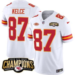 Men Kansas City Chiefs #87 Travis Kelce White 2023 F.U.S.E. AFC West Champions With "NKH" Patch Vapor Untouchable Limited Football Stitched Jersey