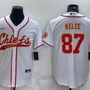 Men Kansas City Chiefs ##87 Travis Kelce White With Patch Cool Base Stitched Baseball Jersey