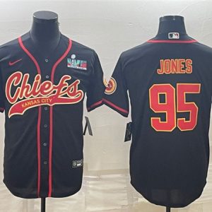 Men Kansas City Chiefs #95 Chris Jones Black With Super Bowl LVII Patch Cool Base Stitched Baseball Jersey