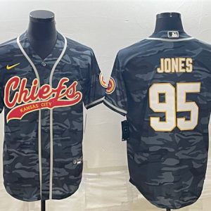 Men Kansas City Chiefs #95 Chris Jones Gray Camo With Patch Cool Base Stitched Baseball Jersey