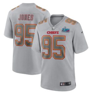 Men Kansas City Chiefs #95 Chris Jones Gray Super Bowl LVII Patch Atmosphere Fashion Stitched Game Jersey