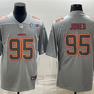 Men Kansas City Chiefs #95 Chris Jones Gray Super Bowl LVII Patch Atmosphere Fashion Stitched Jersey