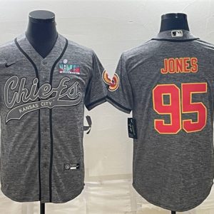 Men Kansas City Chiefs #95 Chris Jones Gray With Super Bowl LVII Patch Cool Base Stitched Baseball Jersey