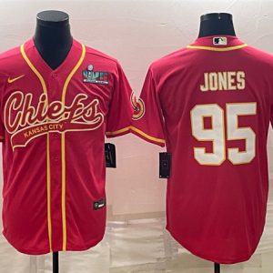 Men Kansas City Chiefs #95 Chris Jones Red With Super Bowl LVII Patch Cool Base Stitched Baseball Jersey