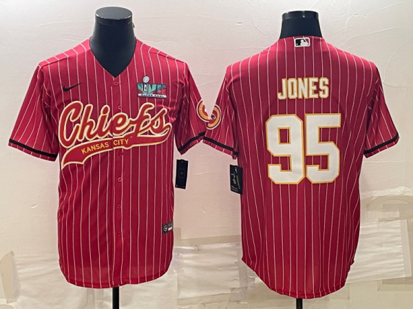 Men Kansas City Chiefs #95 Chris Jones Red With Super Bowl LVII Patch Cool Base Stitched Baseball Jersey