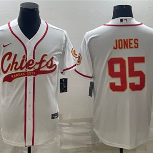 Men Kansas City Chiefs #95 Chris Jones White With Patch Cool Base Stitched Baseball Jersey