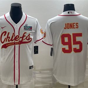 Men Kansas City Chiefs #95 Chris Jones White With Super Bowl LVII Patch Cool Base Stitched Baseball Jersey