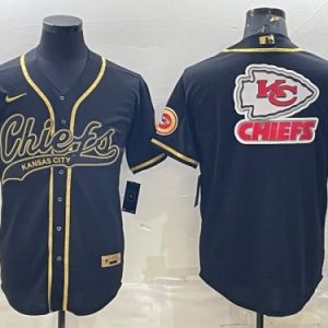 Men Kansas City Chiefs Black Gold Team Big Logo With Patch Cool Base Stitched Baseball Jersey