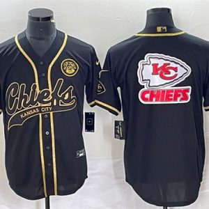 Men Kansas City Chiefs Black Gold Team Big Logo With Patch Cool Base Stitched Baseball Jersey