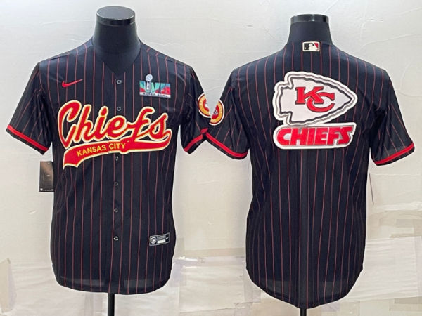 Men Kansas City Chiefs Black Team Big Logo With Super Bowl LVII Patch Cool Base Stitched Baseball Jersey