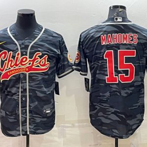 Men Kansas City Chiefs Blank #15 Patrick Mahomes Gray/Navy Camo With Patch Cool Base Stitched Baseball Jersey