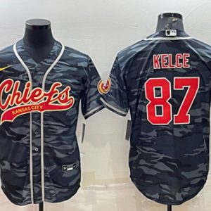 Men Kansas City Chiefs Blank #87 Travis Kelce Gray/Navy Camo With Patch Cool Base Stitched Baseball Jersey