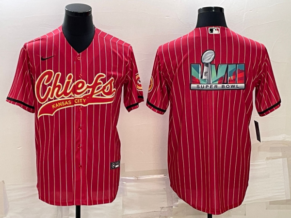 Men Kansas City Chiefs Blank Red With Super Bowl LVII Big Logo Cool Base Stitched Baseball Jersey