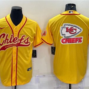 Men Kansas City Chiefs Gold Team Big Logo With Patch Cool Base Stitched Baseball Jersey