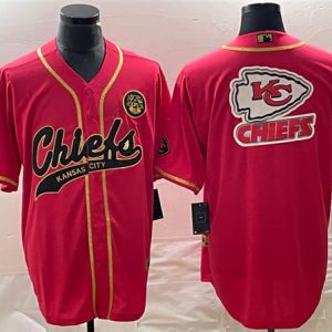 Men Kansas City Chiefs Red Gold Team Big Logo With Patch Cool Base Stitched Baseball Jersey