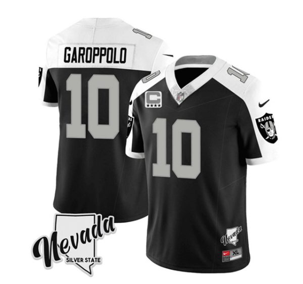 Men Las Vegas Raiders #10 Jimmy Garoppolo Black/White 2023 F.U.S.E Nevada Silver Stat With 4-Star C patch Football Stitched Jersey