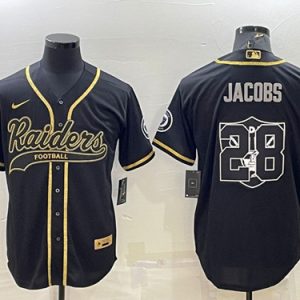 Men Las Vegas Raiders #28 Josh Jacobs Black Gold Team Big Logo With Patch Cool Base Stitched Baseball Jersey