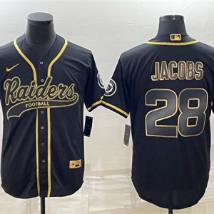 Men Las Vegas Raiders #28 Josh Jacobs Black Gold With Patch Cool Base Stitched Baseball Jersey