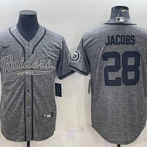 Men Las Vegas Raiders #28 Josh Jacobs Gray With Patch Cool Base Stitched Baseball Jersey