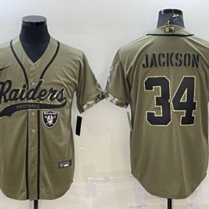 Men Las Vegas Raiders #34 Bo Jackson 2022 Olive Salute To Service Cool Base Stitched Baseball Jersey