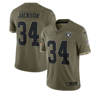 Men Las Vegas Raiders #34 Bo Jackson 2022 Olive Salute To Service Limited Stitched Jersey