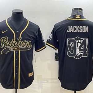 Men Las Vegas Raiders #34 Bo Jackson Black Gold Team Big Logo With Patch Cool Base Stitched Baseball Jersey