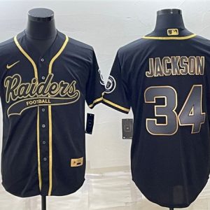 Men Las Vegas Raiders #34 Bo Jackson Black Gold With Patch Cool Base Stitched Baseball Jersey