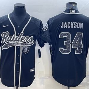 Men Las Vegas Raiders #34 Bo Jackson Black Reflective With Patch Cool Base Stitched Baseball Jersey