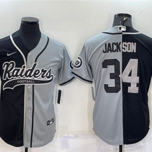 Men Las Vegas Raiders #34 Bo Jackson Black/Grey Split With Patch Cool Base Stitched Jersey