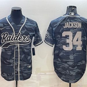 Men Las Vegas Raiders #34 Bo Jackson Gray Camo With Patch Cool Base Stitched Baseball Jersey