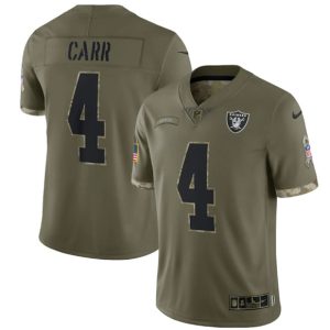 Men Las Vegas Raiders #4 Derek Carr 2022 Olive Salute To Service Limited Stitched Jersey