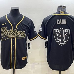 Men Las Vegas Raiders #4 Derek Carr Black Gold Team Big Logo With Patch Cool Base Stitched Baseball Jersey