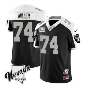 Men Las Vegas Raiders #74 Kolton Miller Black/White 2023 F.U.S.E Nevada Silver Stat With 4-Star C patch Football Stitched Jersey