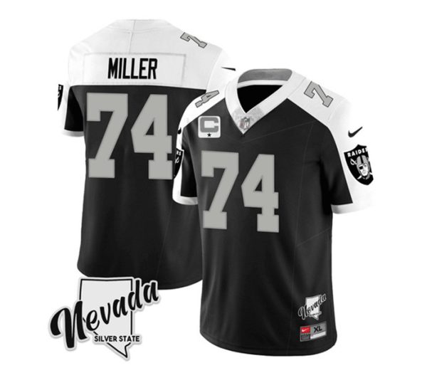 Men Las Vegas Raiders #74 Kolton Miller Black/White 2023 F.U.S.E Nevada Silver Stat With 4-Star C patch Football Stitched Jersey