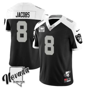 Men Las Vegas Raiders #8 Josh Jacobs Black/White 2023 F.U.S.E Nevada Silver Stat With 3-Star C patch Football Stitched Jersey