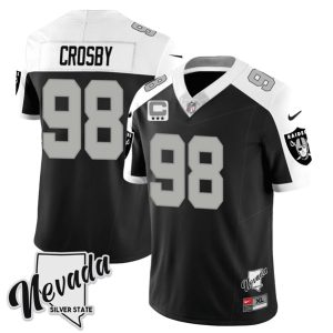 Men Las Vegas Raiders #98 Maxx Crosby Black/White 2023 F.U.S.E Nevada Silver Stat With 3-Star C patch Football Stitched Jersey