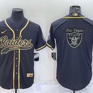 Men Las Vegas Raiders Black Gold Team Big Logo With Patch Cool Base Stitched Baseball Jersey